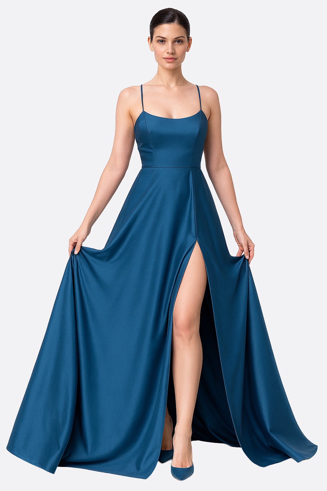 Robe longue dos nu bleu canard à bretelles croisées et fente latérale - MISCIANO
