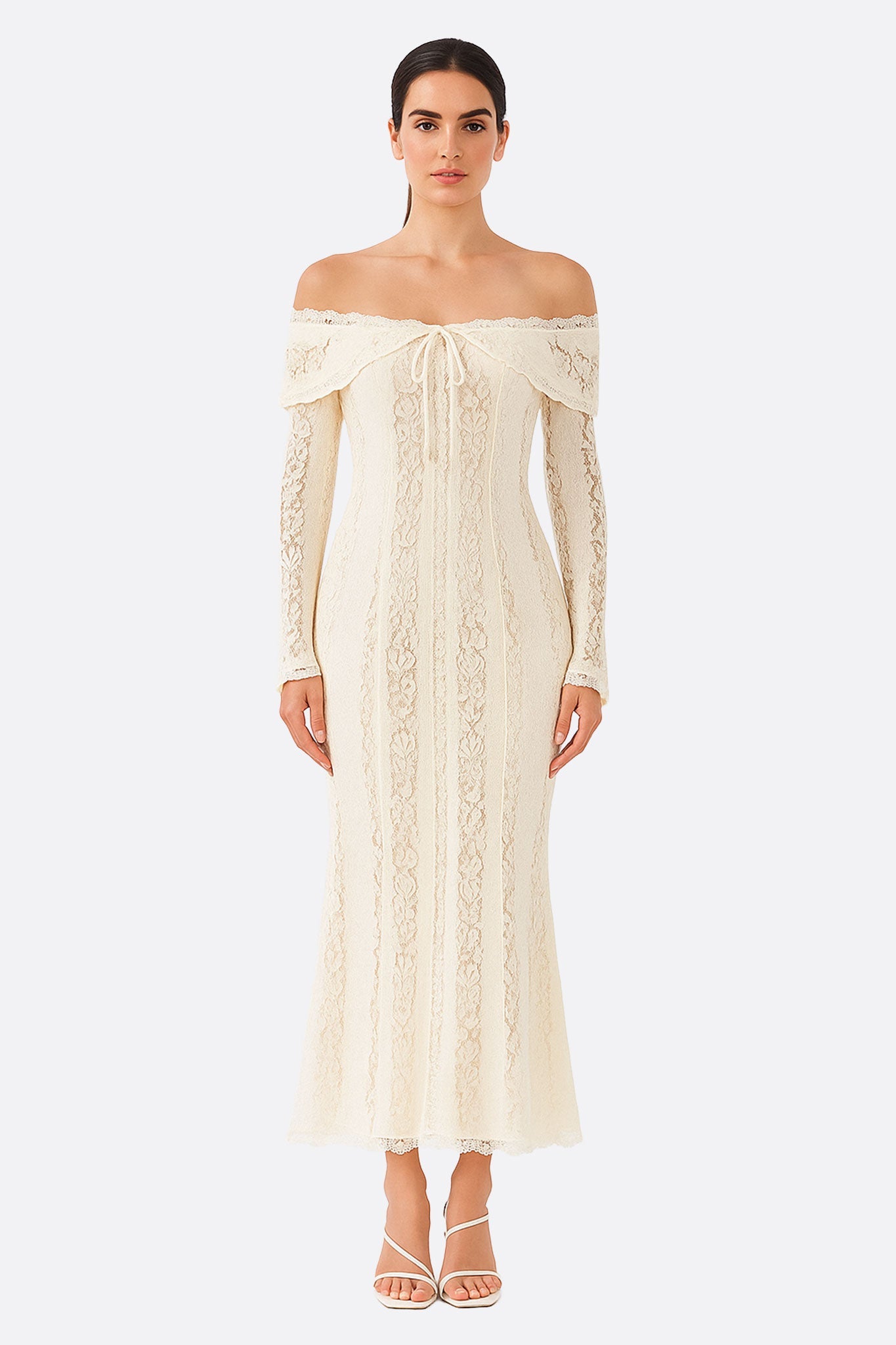 Robe longue en dentelle blanche à épaules dénudées - MISCIANO