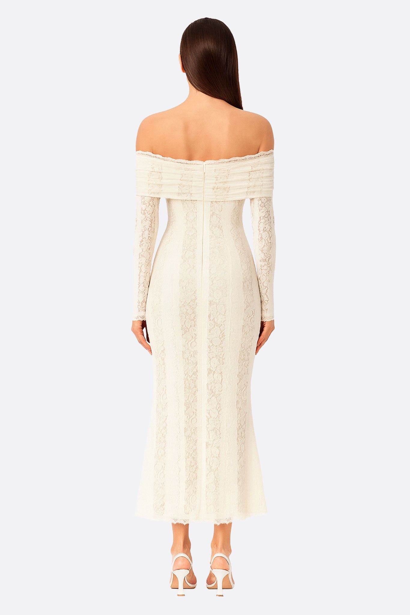 Robe longue en dentelle blanche à épaules dénudées - MISCIANO