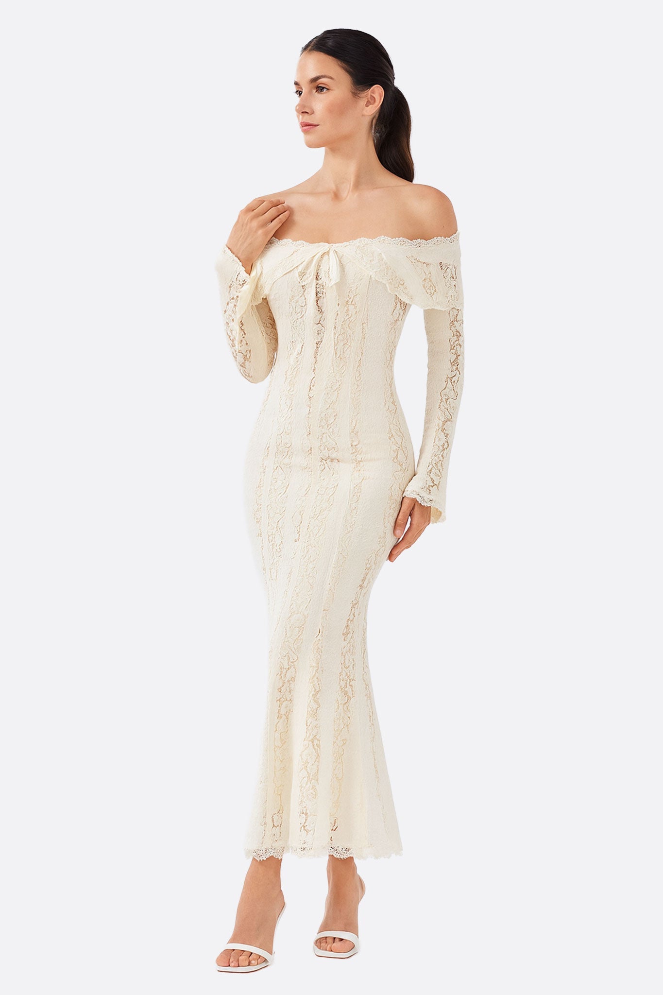 Robe longue en dentelle blanche à épaules dénudées - MISCIANO