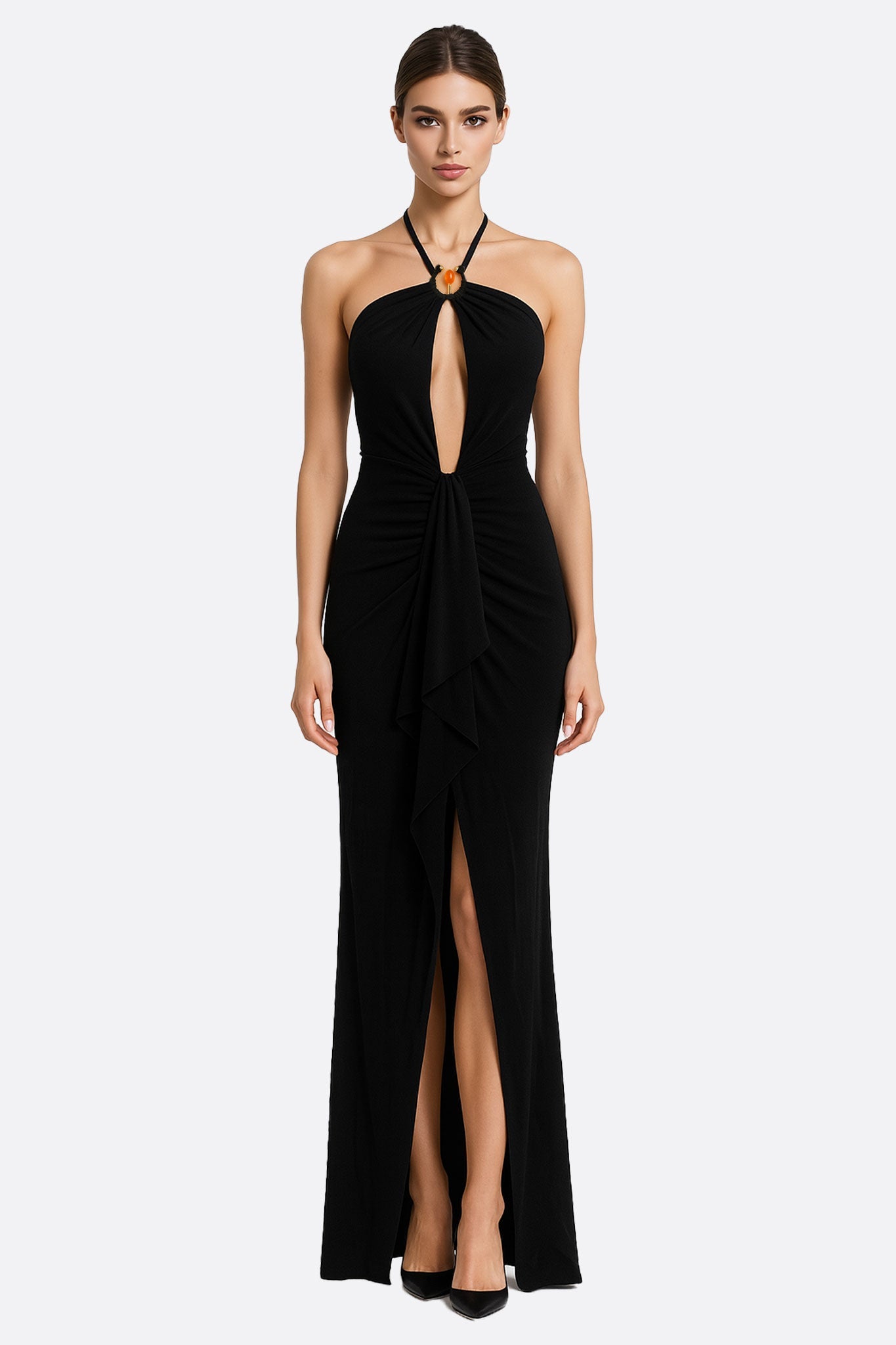 Abito lungo nero schiena scoperta con gioiello centrale – Eleganza