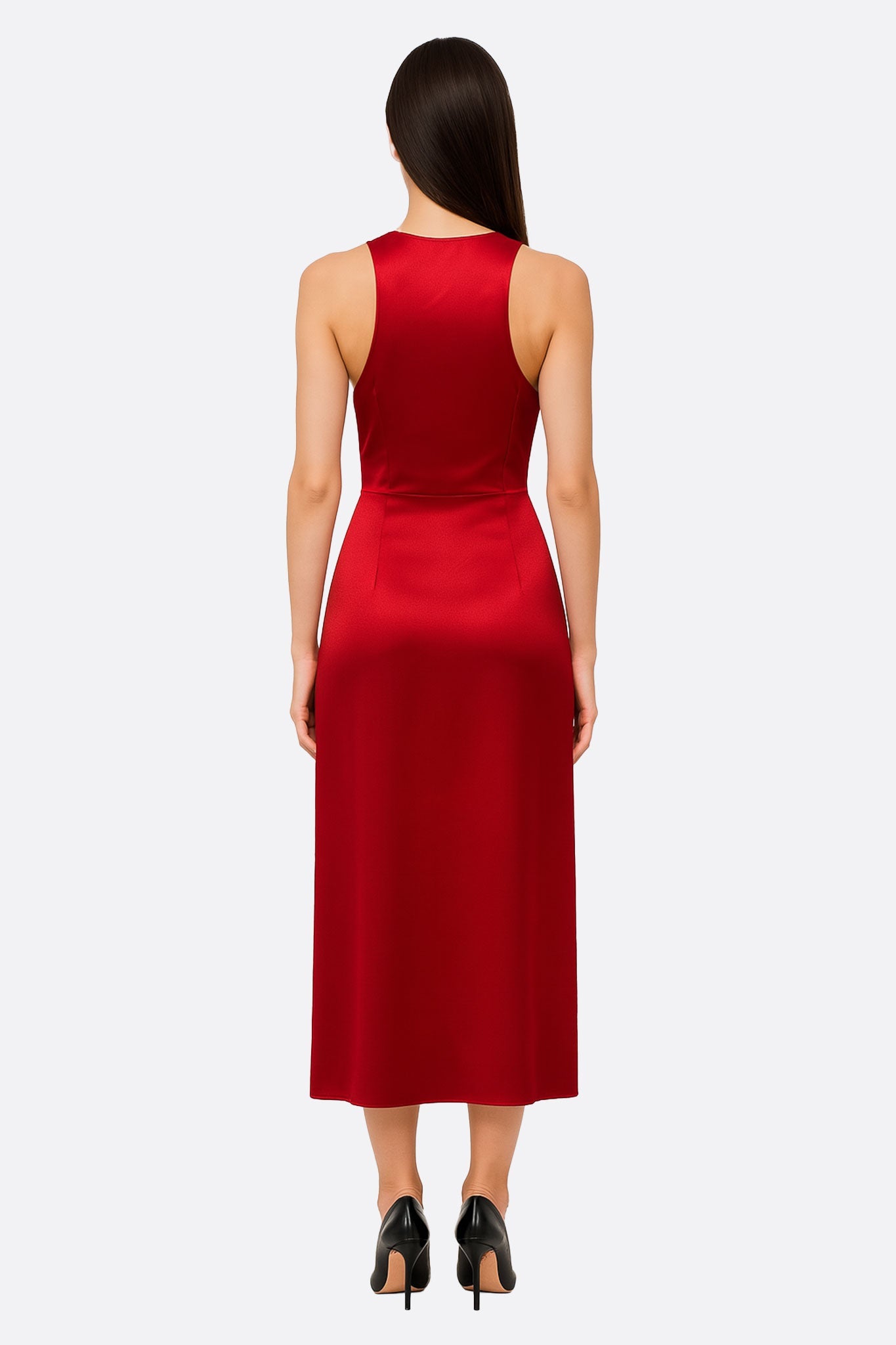 Robe longue satinée rouge à encolure Américaine - MISCIANO