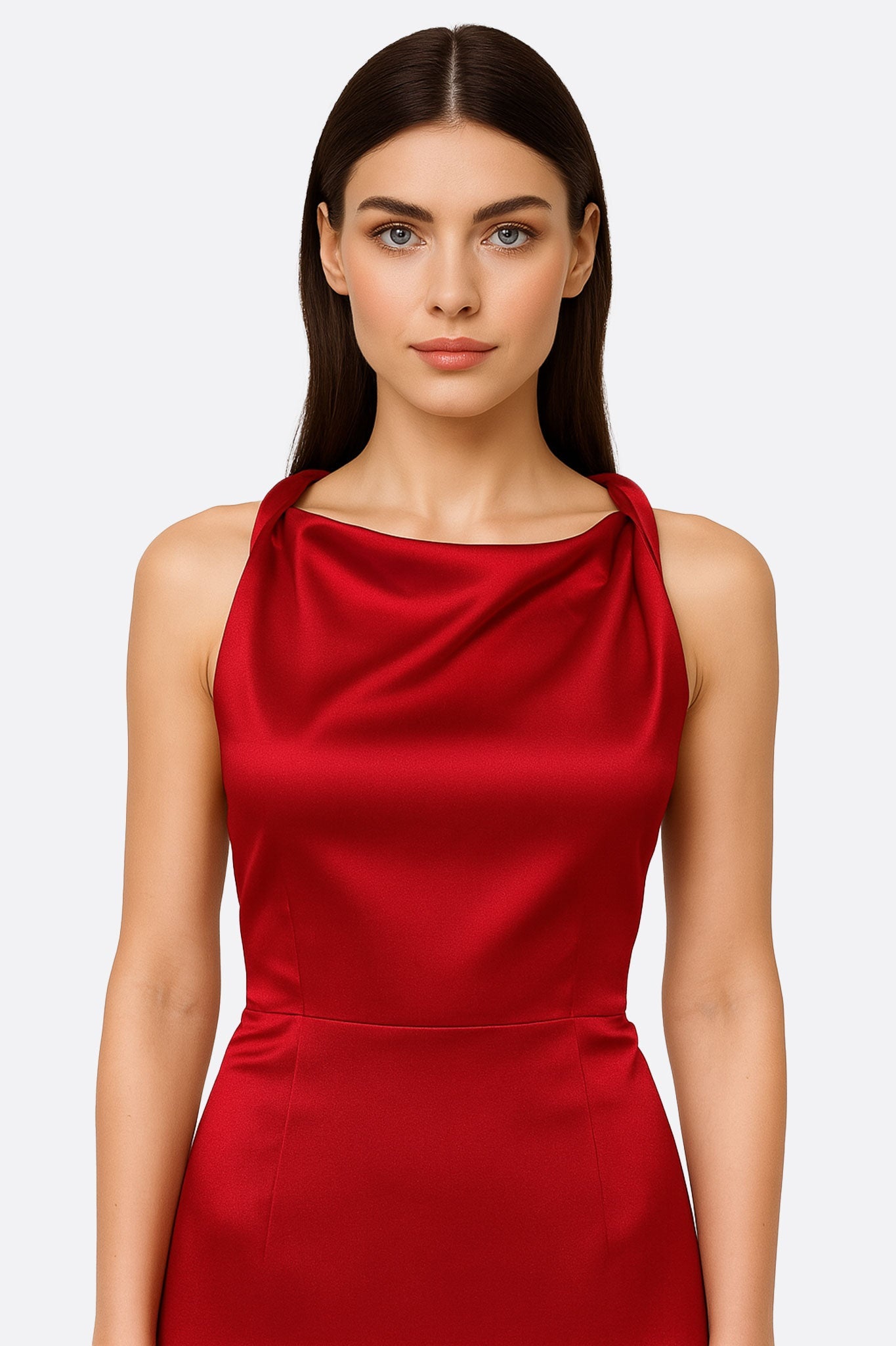 Robe longue satinée rouge à encolure Américaine - MISCIANO