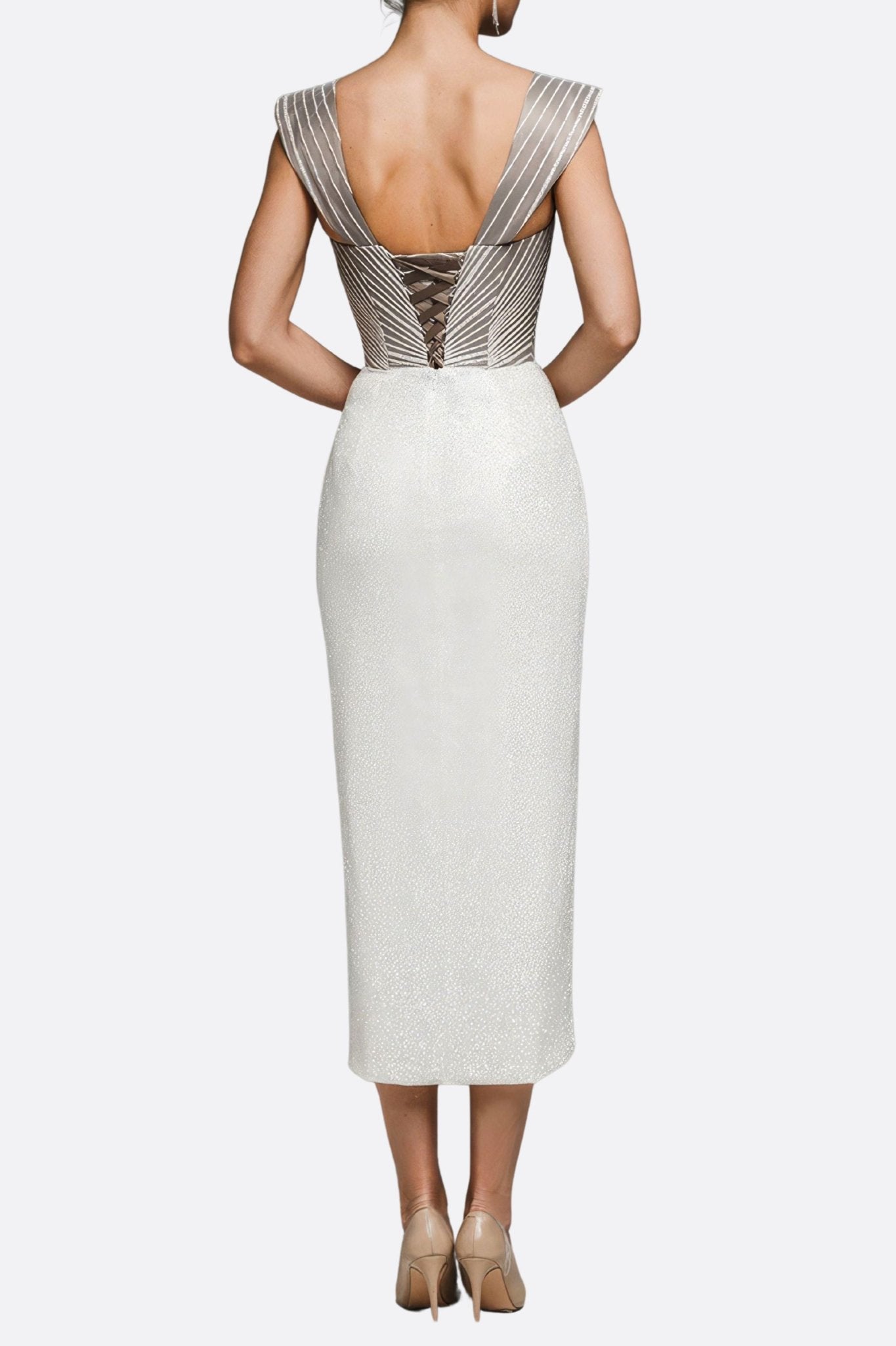 Robe midi à corset gris brodé et fente frontale - MISCIANO