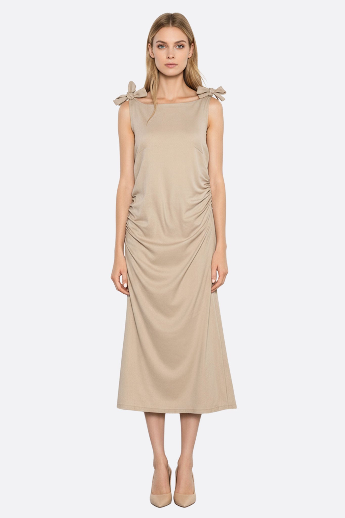 beige linen midi dress Robe midi lin sable lumineux nouée épaules drapée