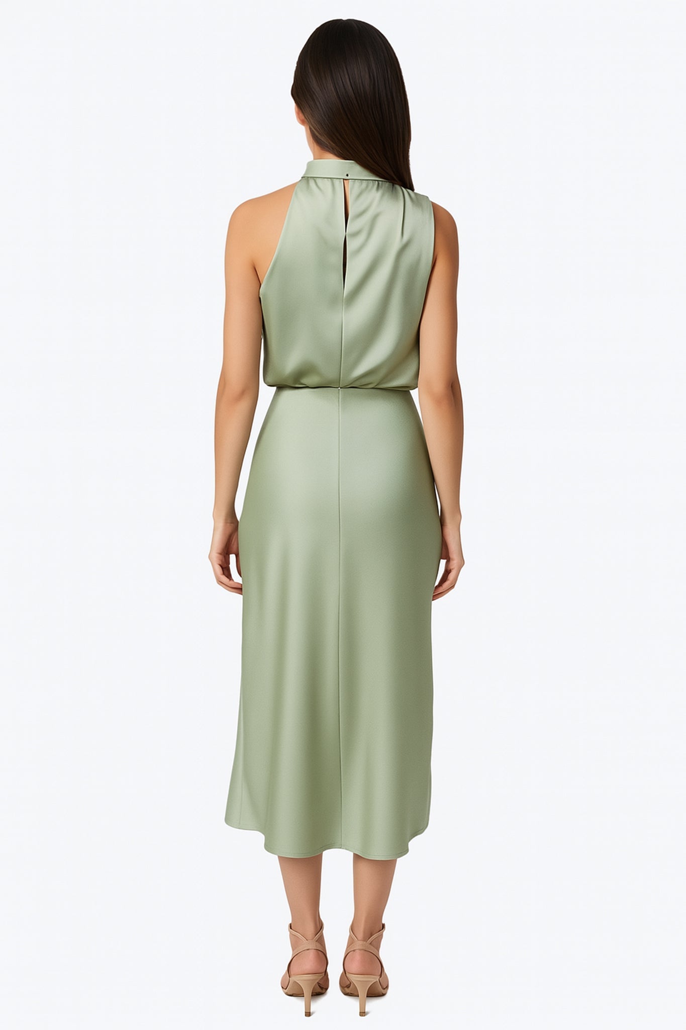 Robe midi satinée vert sauge à col drapé - MISCIANO