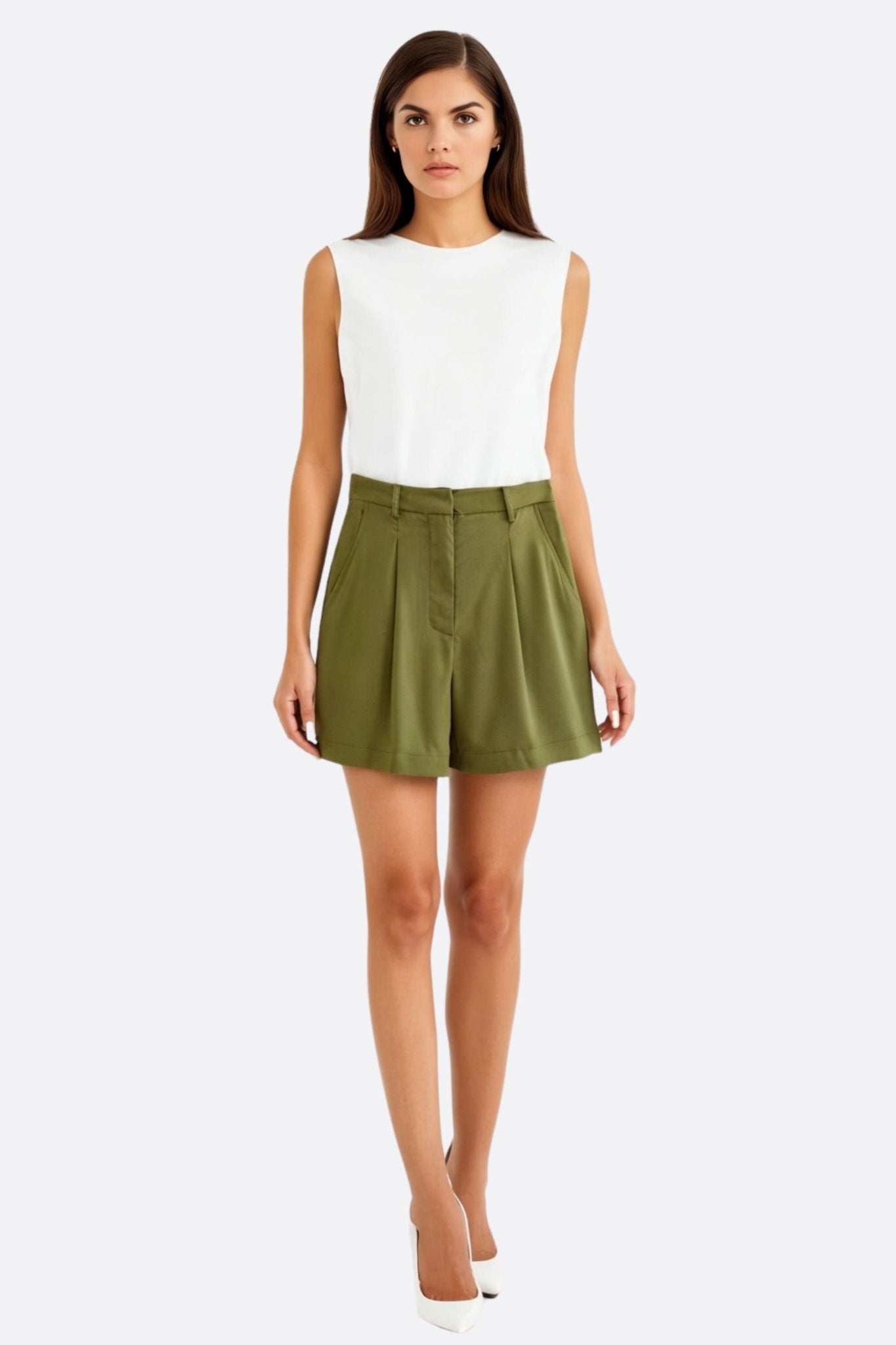 Short vert kaki à taille haute en toile légère - MISCIANO