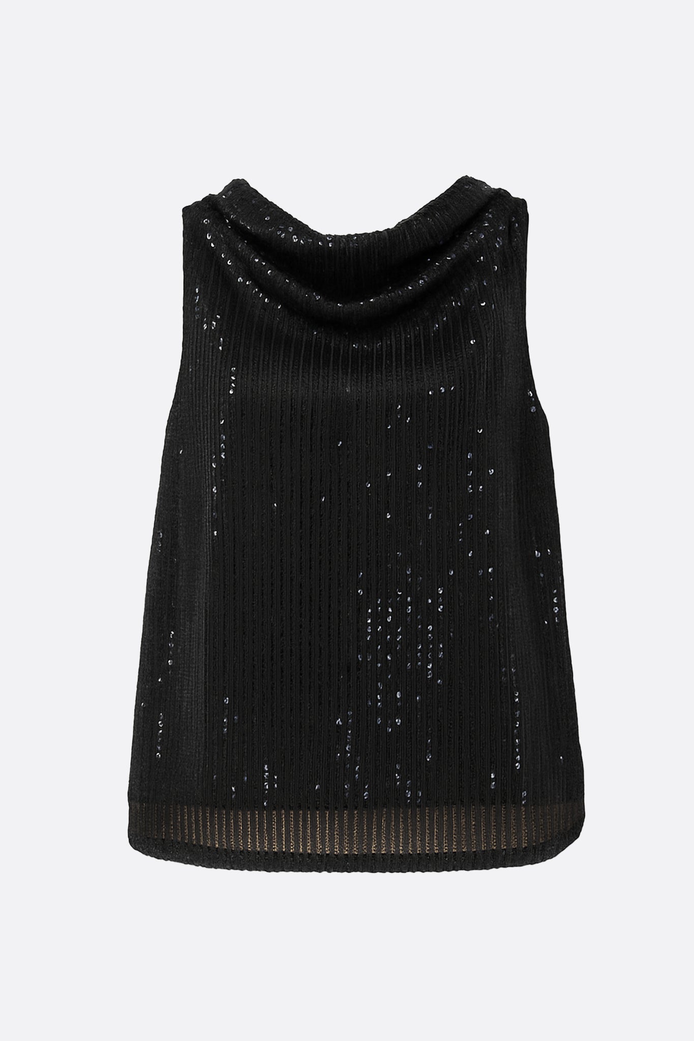 Détail élégant d'un top noir à sequins, soulignant la texture raffinée et l'aspect lumineux pour vos soirées glamour.