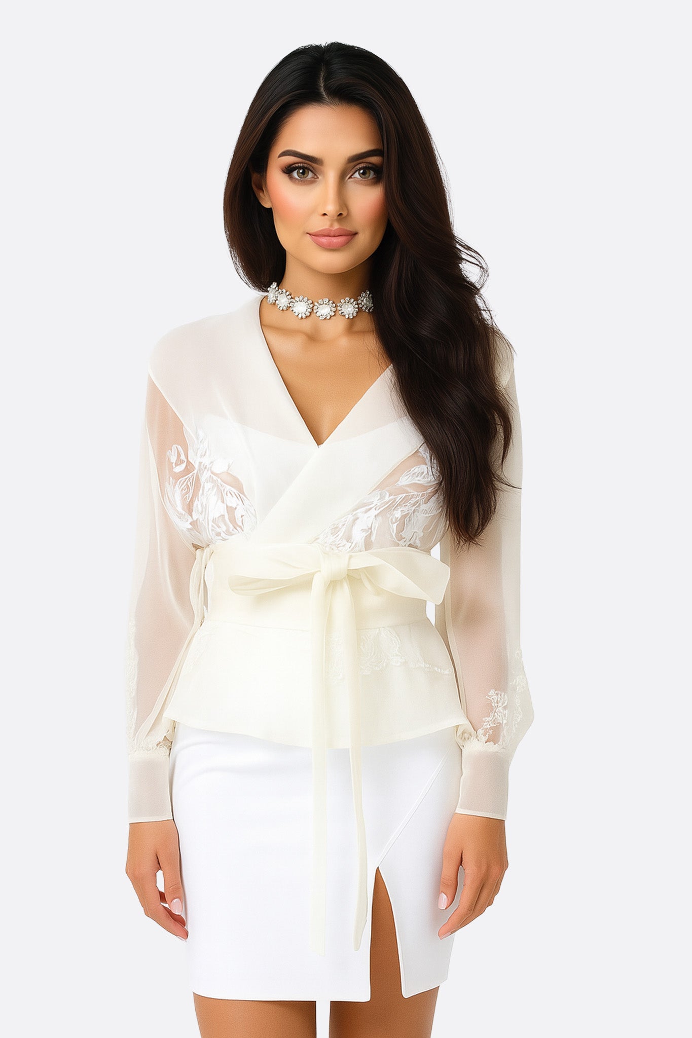 Veste - Chemise en organza écru à motif floral - MISCIANO