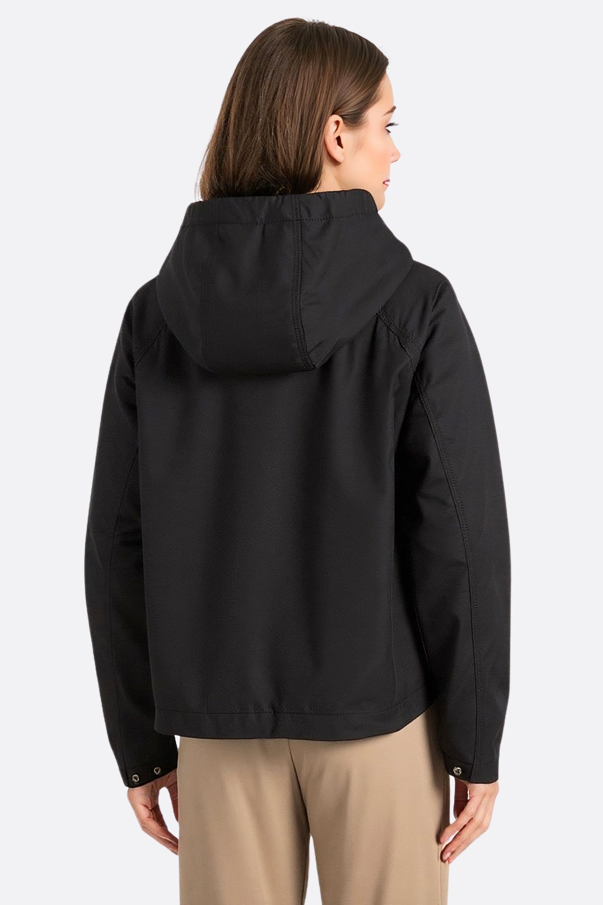 Black hooded jacket, loose straight cut, ideal for an elegant and casual look at evenings or activities...