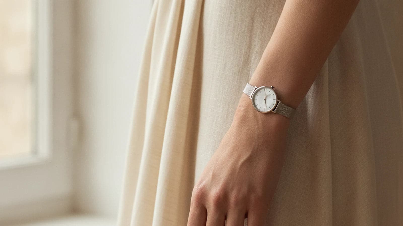 Montre fine à bracelet milanais portée sur un poignet fin, avec une robe claire en lin