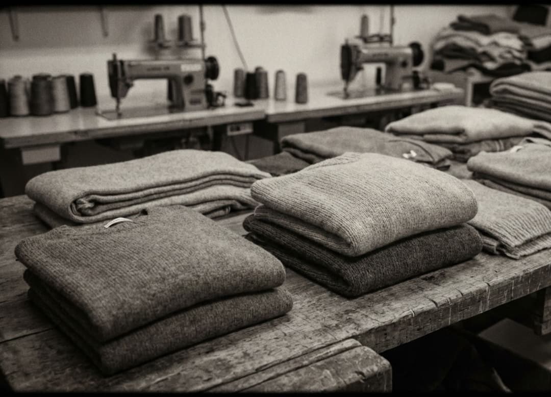 Pièces de cachemire pliées sur une table en bois, photographiées en noir et blanc avec un grain marqué et une tonalité mate.