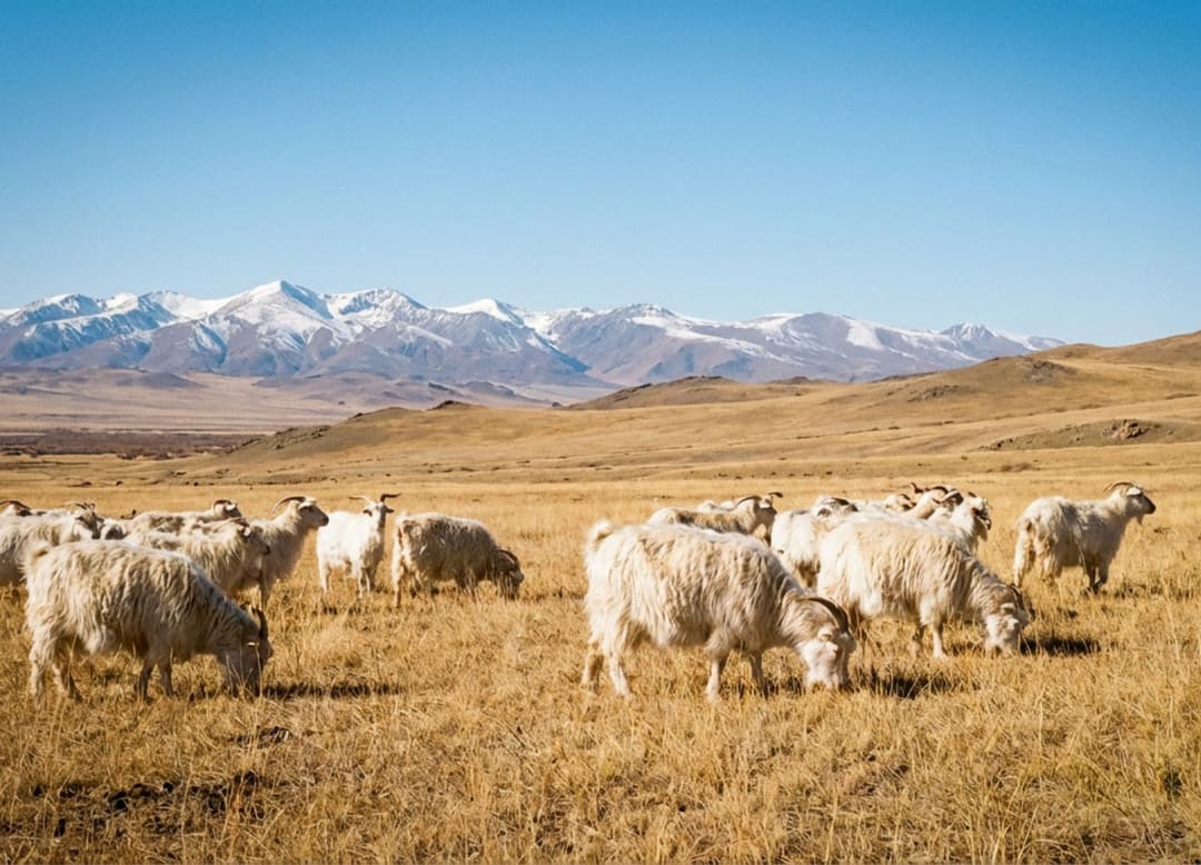 Vue large d’un plateau mongol aux herbes dorées, avec des chèvres cachemire broutant devant des montagnes lointaines striées de neige.