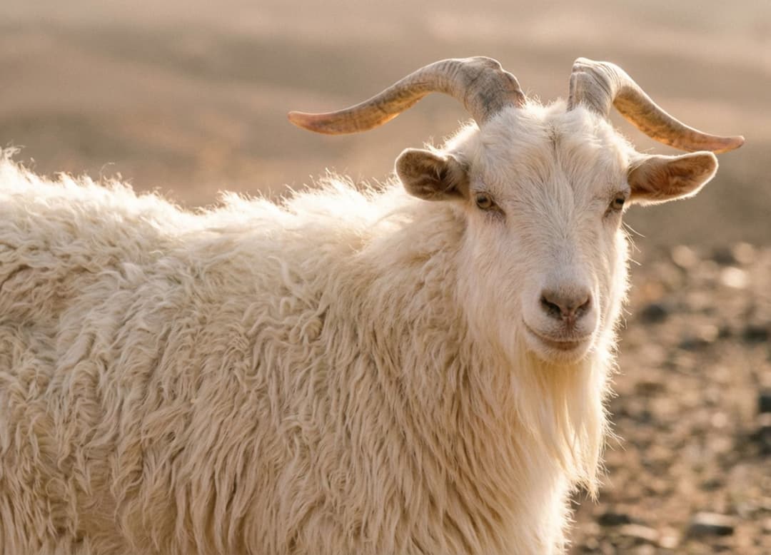 Portrait rapproché d’une chèvre cachemire au pelage d’hiver épais, sa laine révélée par une lumière chaude de l’après-midi.