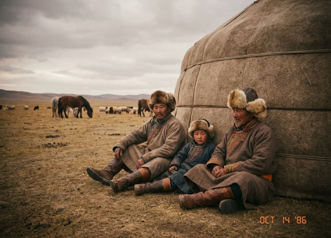 Éleveurs mongols se reposant près d’une yourte traditionnelle, dans une scène calme aux couleurs atténuées et au grain argentique.