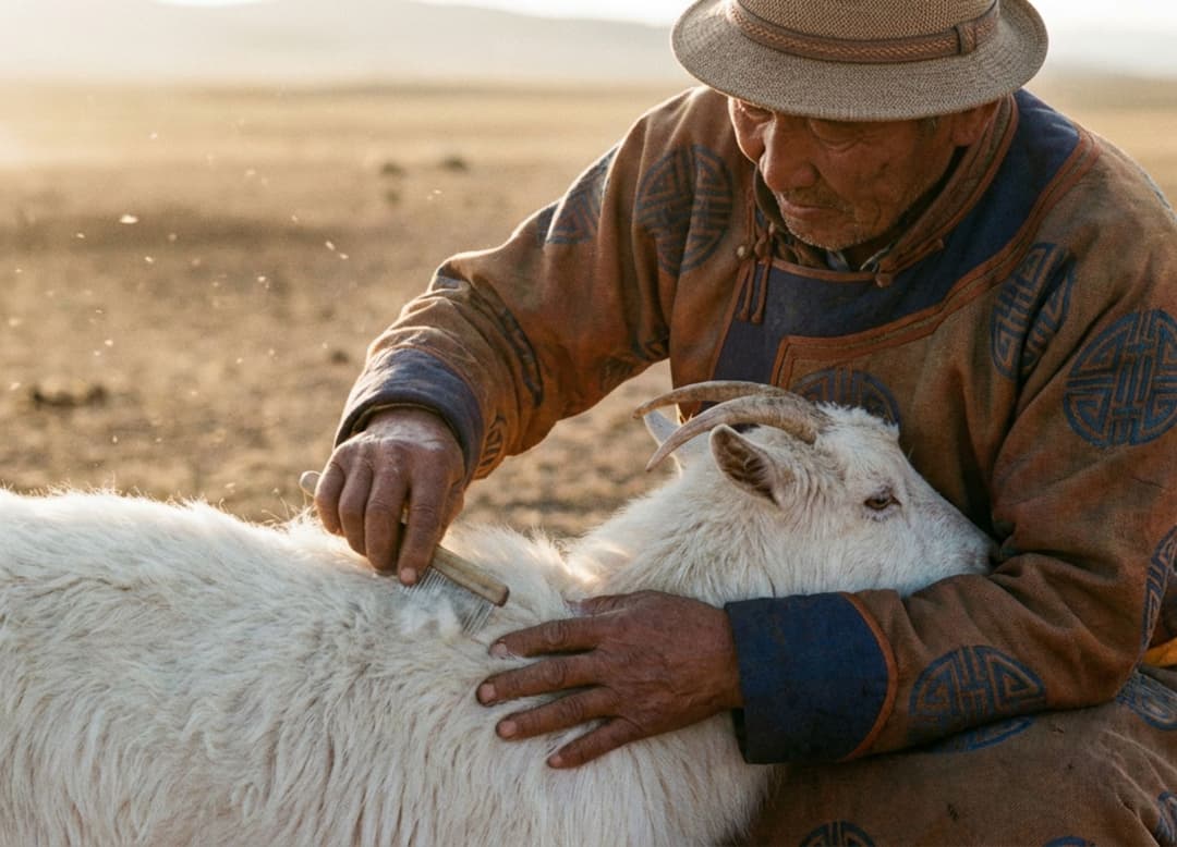 Berger mongol peignant délicatement le sous-poil de cachemire d’une chèvre, dans une lumière douce et poussiéreuse aux tons argentiques.