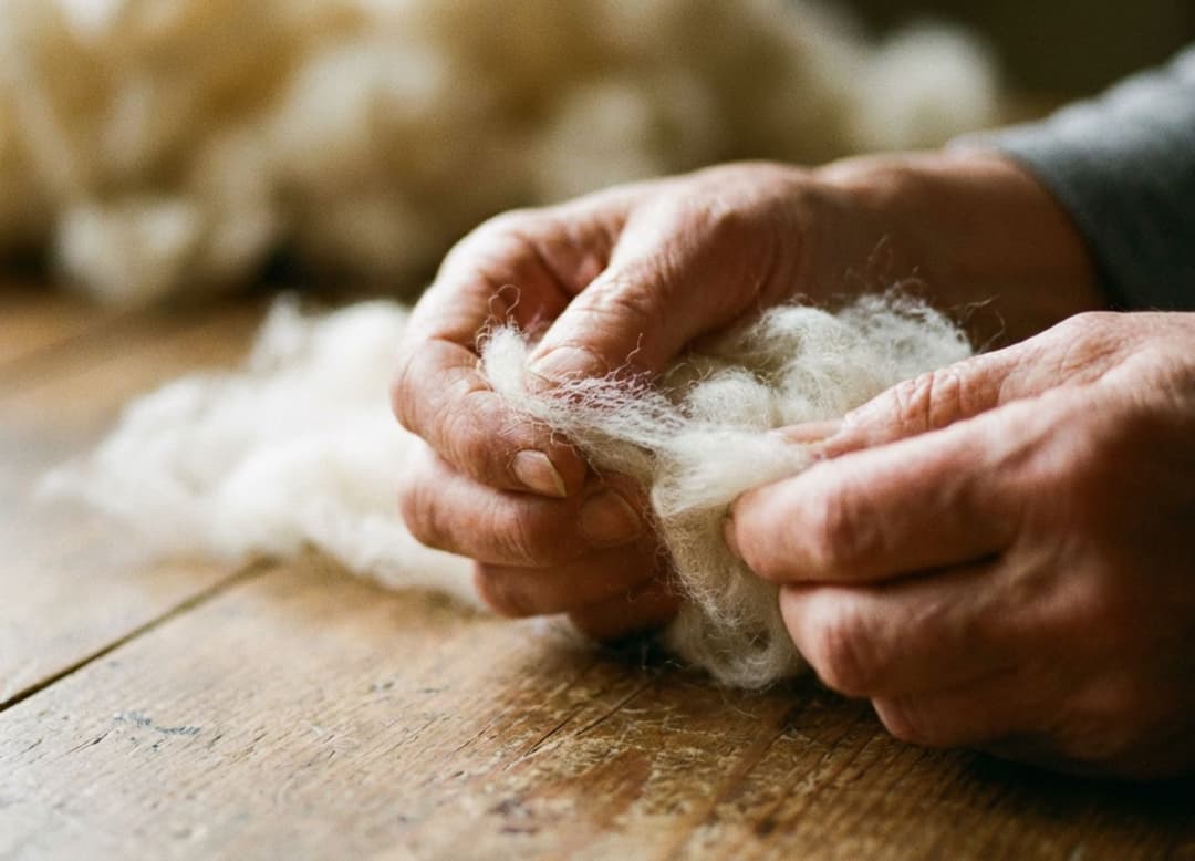 Mains artisanales séparant délicatement des fibres de cachemire brutes sur une table, dans un gros plan au grain fin et au rendu argentique doux.