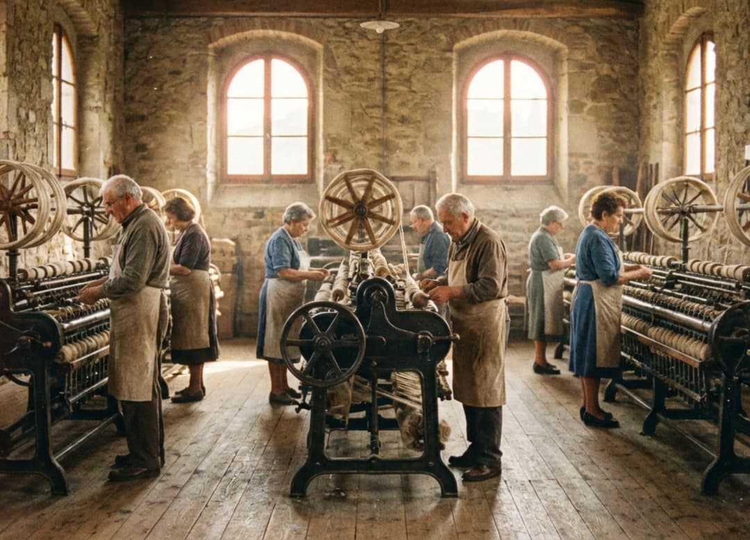 Atelier toscan de filature avec sols en bois ancien, machines métalliques et bobines en mouvement lent sous une lumière chaude venant des fenêtres hautes.