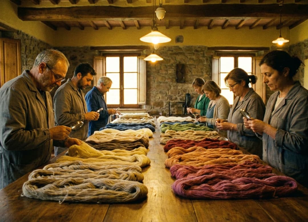 Artisans toscans réunis autour d’une grande table, examinant des fils de cachemire teints, dans une lumière intérieure chaude au grain argentique.