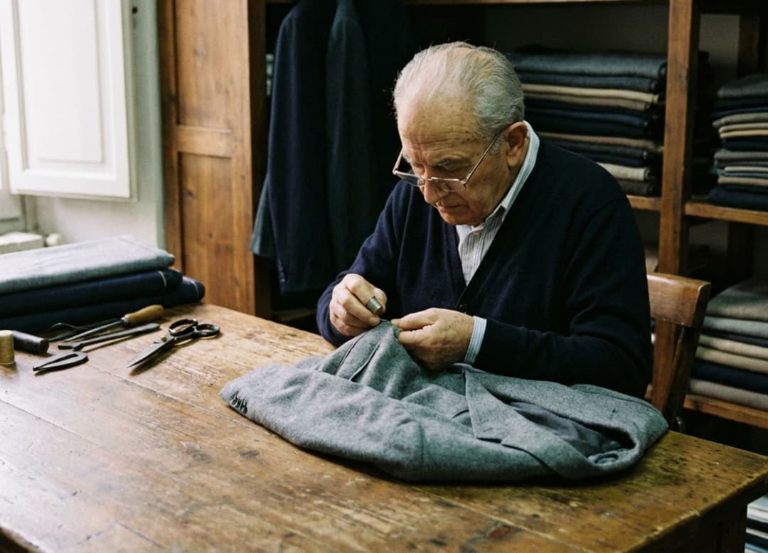 Tailleur cousant un vêtement en cachemire dans l’atelier Misciano, sur une table en bois entourée d’outils et d’étoffes soigneusement pliées, sous une lumière latérale douce.