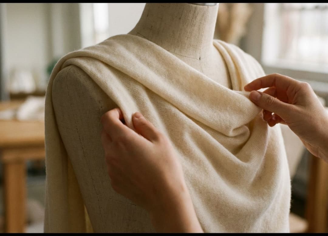 Mains ajustant délicatement du cachemire sur un buste de mannequin, dans un gros plan à faible profondeur de champ et au grain doux.