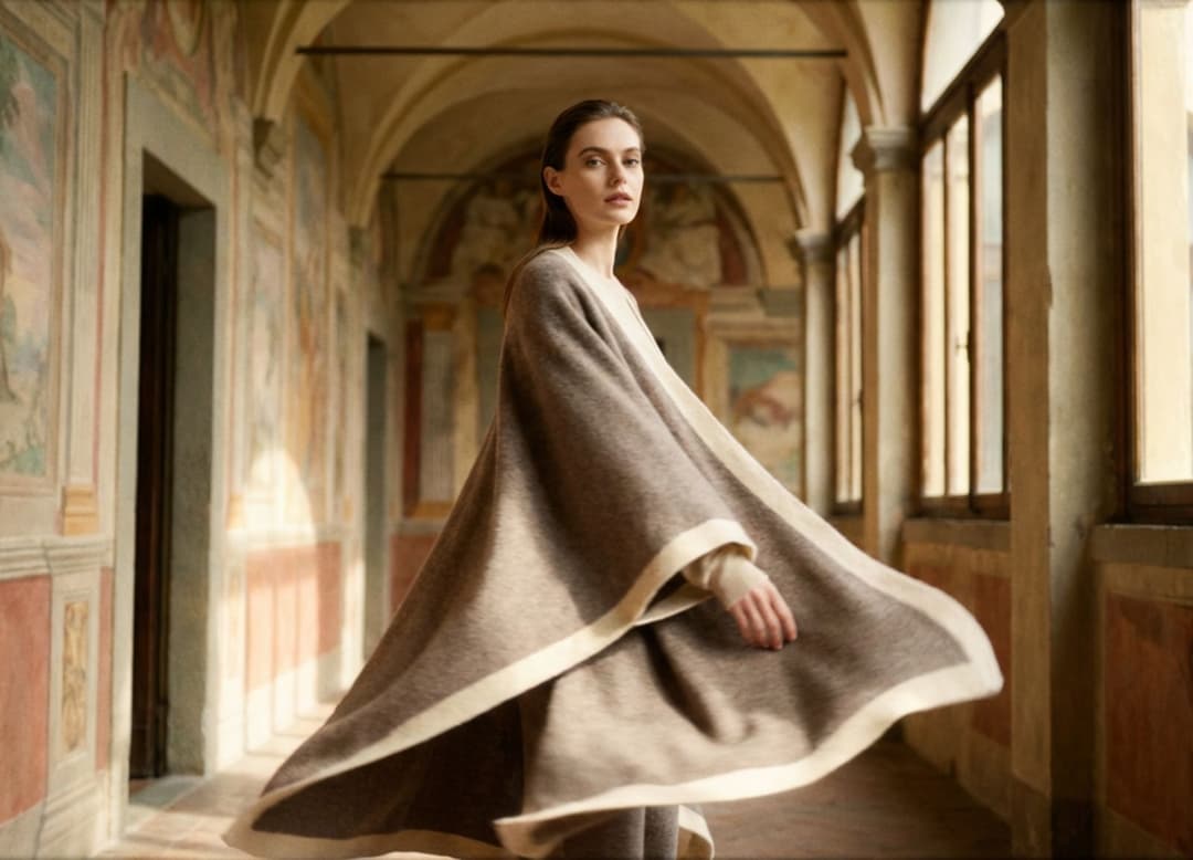 Femme avançant dans le corridor éclairé d’une villa italienne, son poncho en cachemire dessinant une vague souple dans le mouvement.