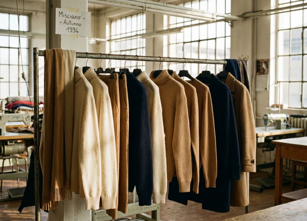 Vêtements en cachemire finis suspendus sur un rail métallique dans l’atelier Misciano, éclairés par une lumière douce de l’après-midi avec un grain argentique léger.