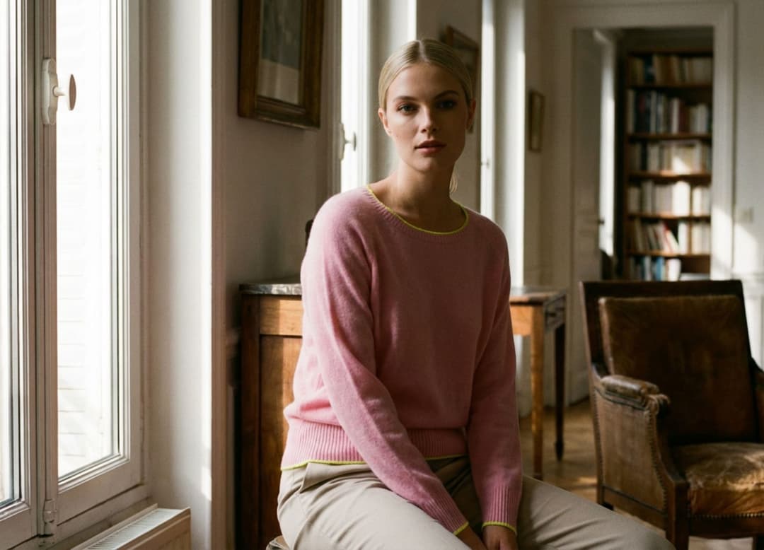 Femme dans un intérieur parisien, portant un pull en cachemire rose, éclairée par une lumière verticale de fenêtre qui sculpte doucement la matière.