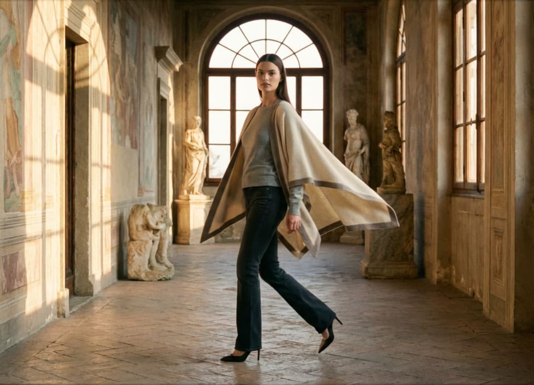 Femme marchant dans un corridor lumineux d’une villa italienne, son poncho en cachemire ondulant doucement à son pas.