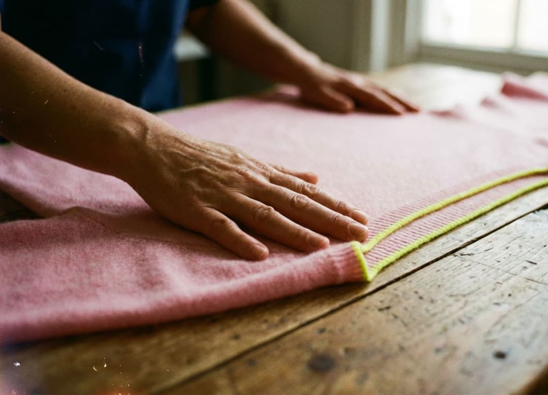 Mains artisanales ajustant un pull en cachemire rose sur une table en bois, dans un gros plan à la profondeur de champ douce.