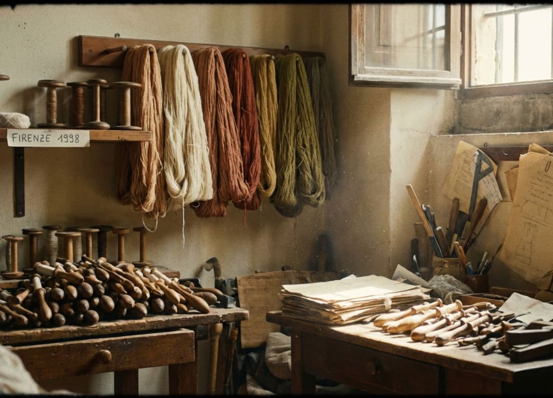 Bobines en bois et fils de cachemire dans un atelier toscan, captés en lumière chaude avec un grain argentique doux.