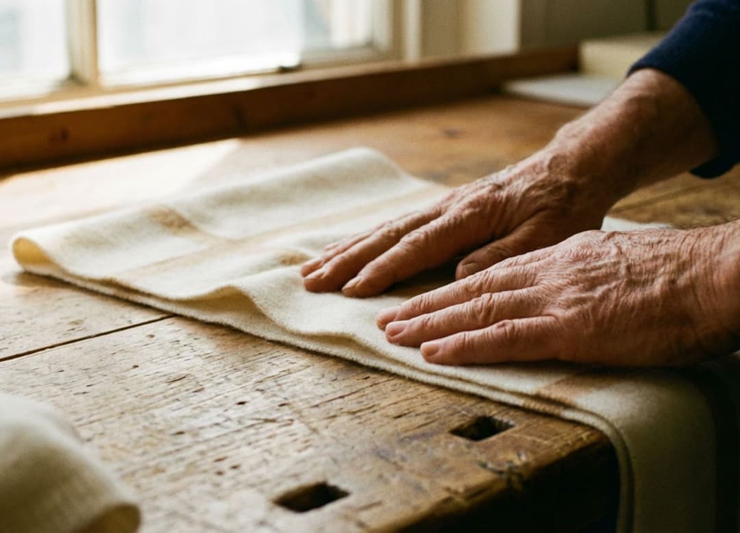 Mains artisanales lissant un foulard en cachemire sur une table en bois, dans un gros plan à la profondeur de champ douce.