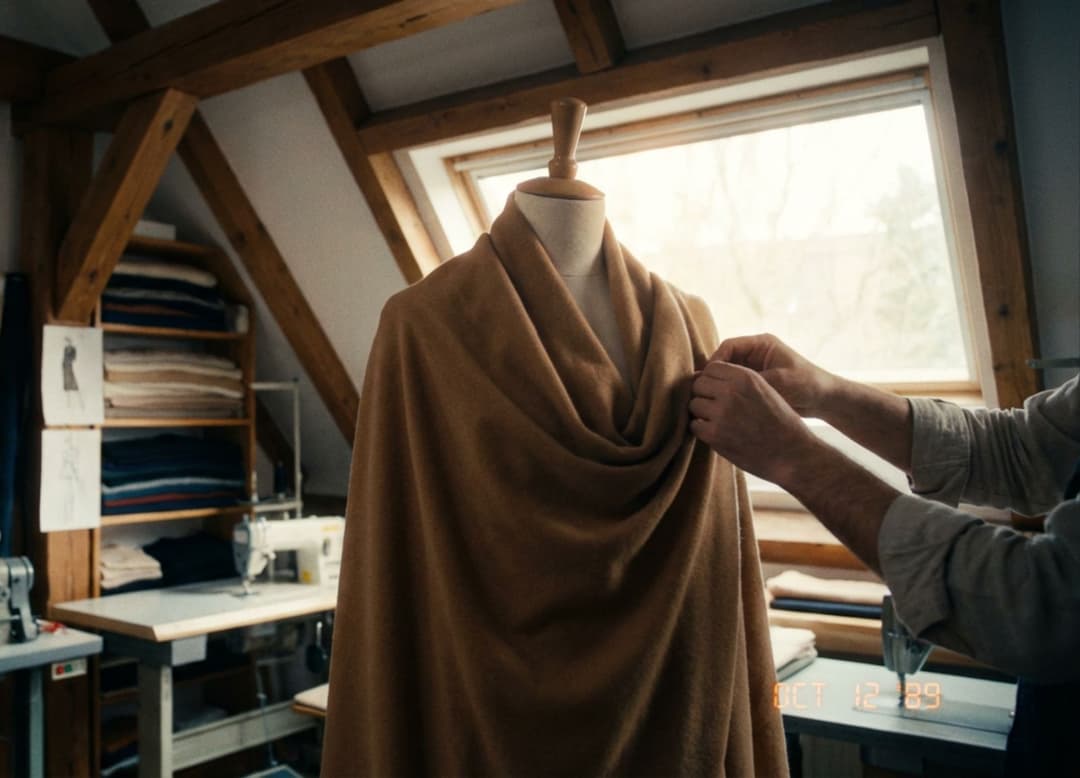 Mannequin drapé de cachemire dans un atelier italien, des mains ajustant la chute du tissu sous une lumière douce.