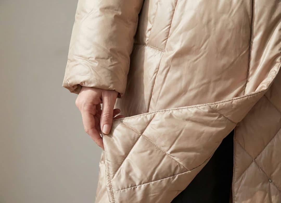 Mannequin ajustant la doudoune longue beige Misciano dans un intérieur épuré évoquant un bureau.
