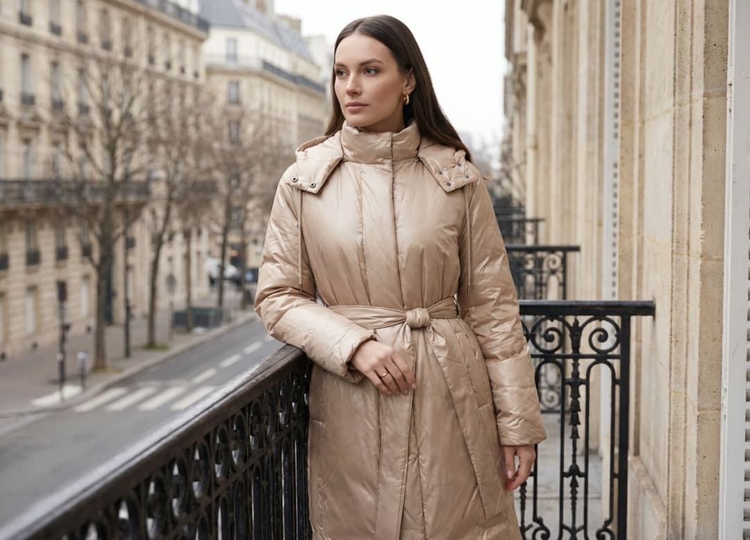 Mannequin portant la doudoune longue beige Misciano sur une terrasse lumineuse, dans une attitude calme.