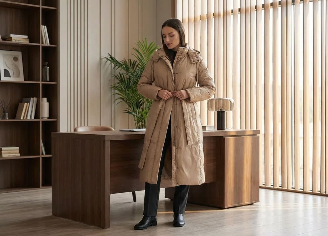Mannequin portant la doudoune longue beige Misciano face à une parka utilitaire posée en arrière-plan.