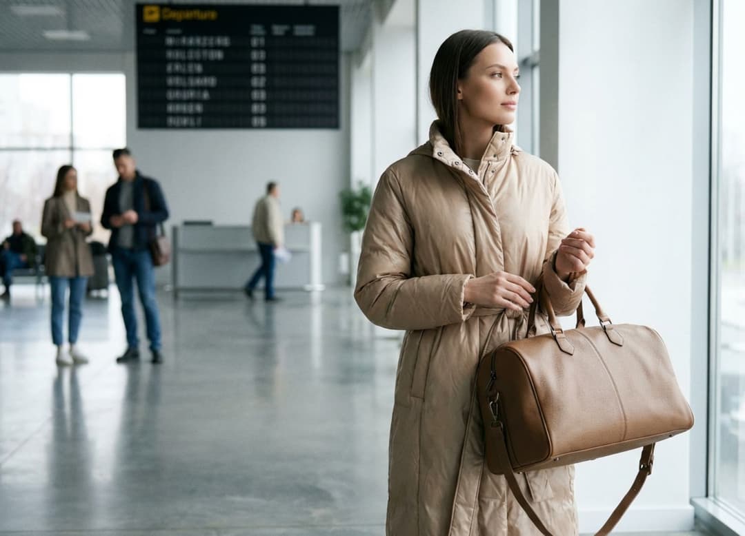 Mannequin en doudoune longue beige Misciano dans un hall évoquant le départ en voyage.