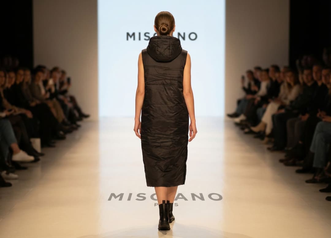 Vue backstage d’une doudoune sans manches noire Misciano, accent sur la coupe et la structure du vêtement.