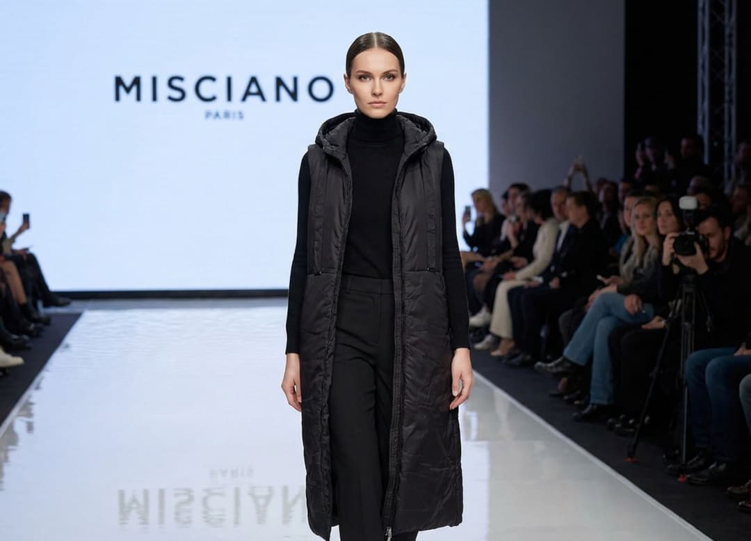 Détail de silhouette en doudoune sans manches noire Misciano, inspiration défilé et vestiaire urbain.