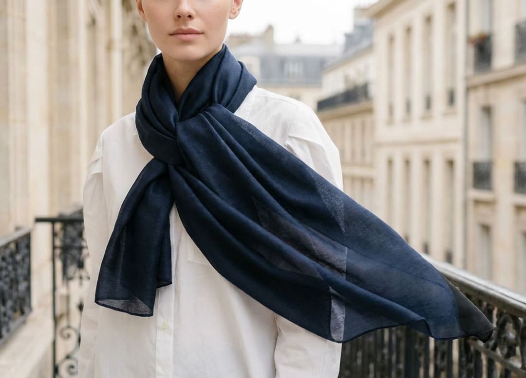 Silhouette avec foulard en soie sur une terrasse parisienne en pierre claire