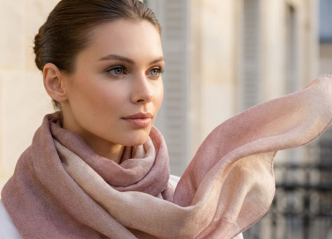 Détail de foulard en soie saisi par une brise légère sur un balcon parisien