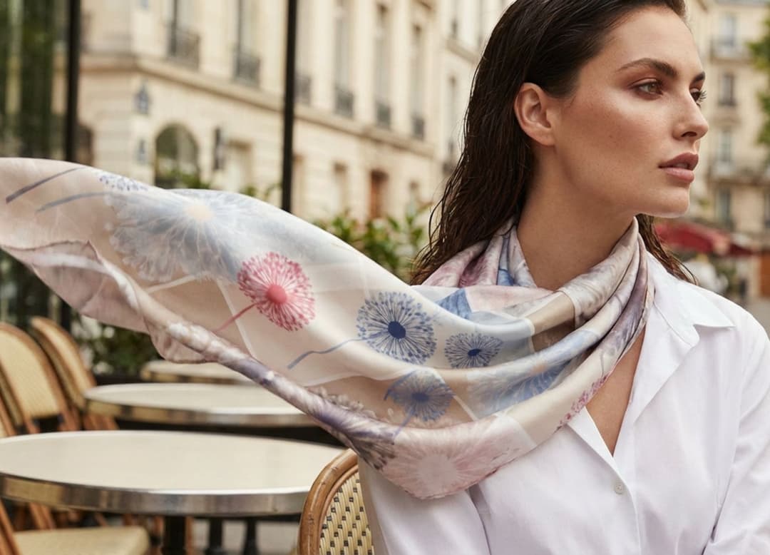 Foulard en soie drapé autour du buste sur un balcon en pierre à Paris