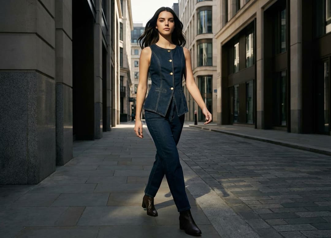 Mannequin portant le gilet bustier bleu en denim structuré Misciano dans une rue calme, entre ville et décontraction.