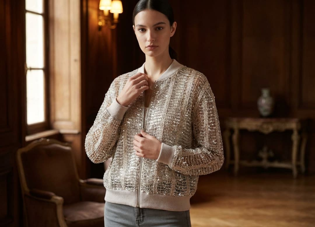 Silhouette en gilet beige sable ajouré zippé en coton et Tencel à sequins Misciano traversant une galerie intérieure.