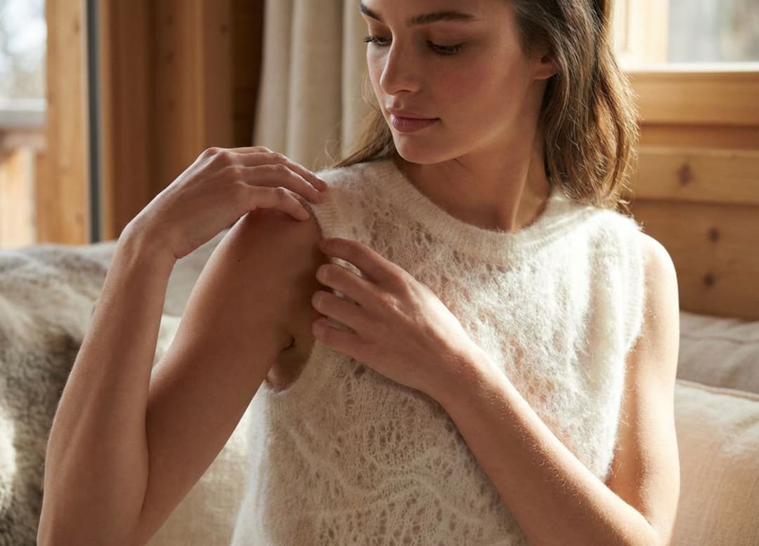 Silhouette en gilet tailleur sans manches à coupe croisée avec ceinture structurante Misciano traversant un couloir lumineux.