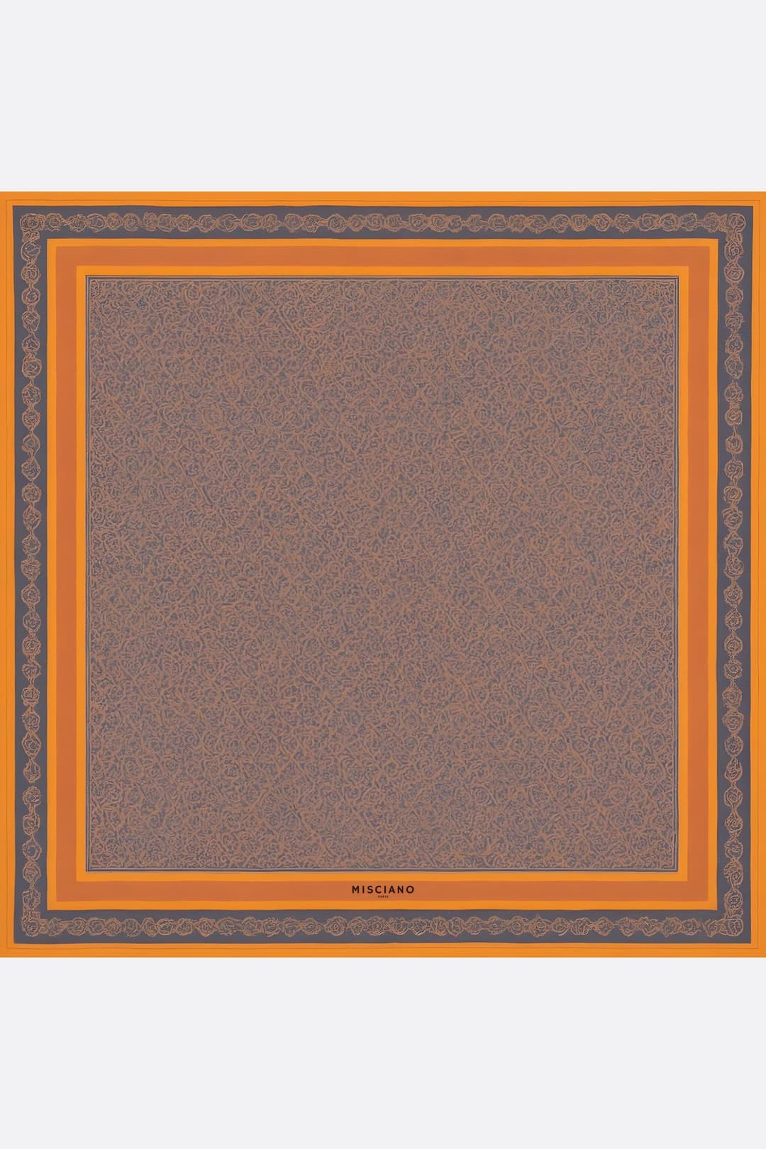 Carré de soie 90 cm aux motifs Ombres dorient, révélant une texture raffinée et une palette harmonieuse pour un style...