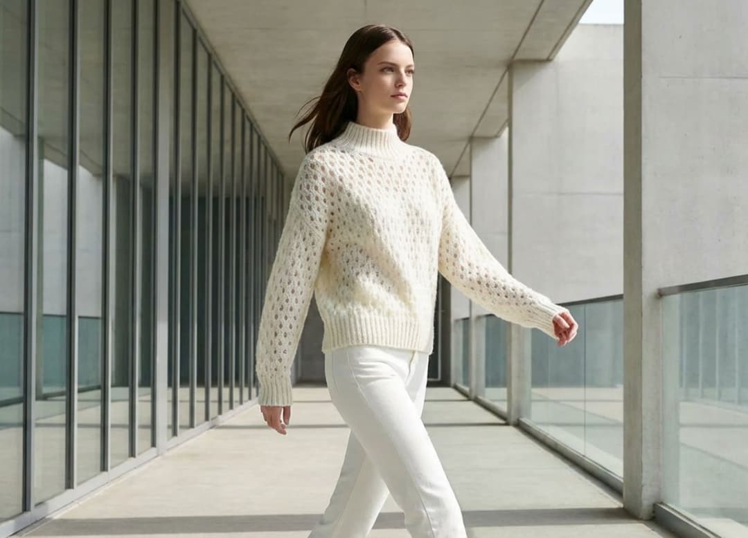 Mannequin ajustant un pull oversize Misciano en mouvement, dans un intérieur minimaliste