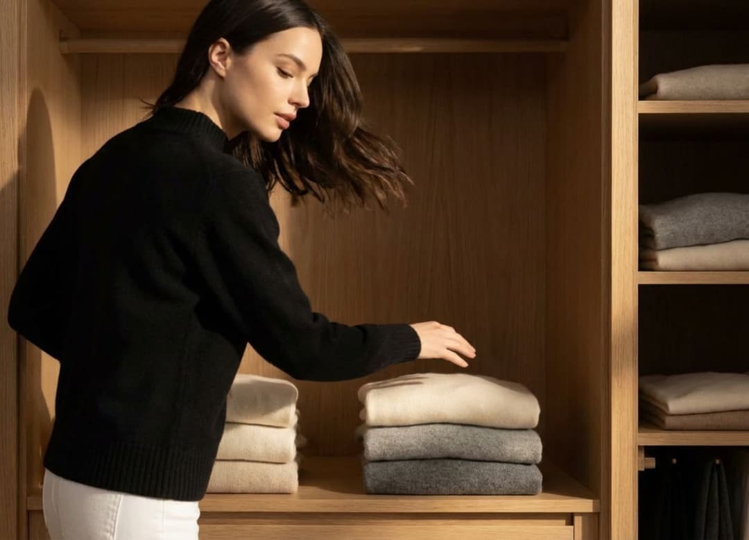 Mannequin choisissant un pull Misciano dans une garde-robe harmonieuse, capturée en mouvement
