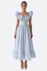Midi-Kleid gestreift blau mit Volants und Mittelverschluss