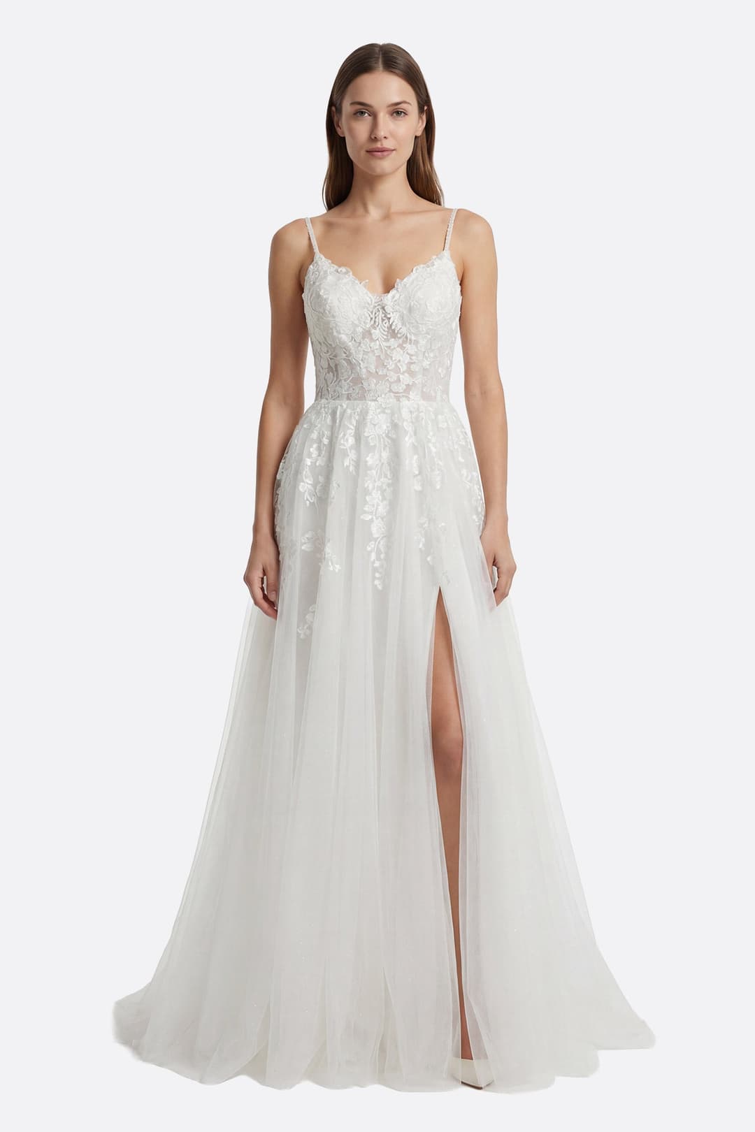 Robe de mariée blanche en tulle brodé à fente frontale